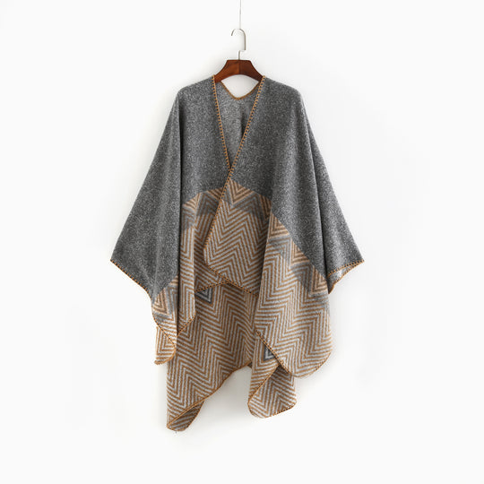 Damen Offener Ruana-Poncho im Oversize mit Chevron-Jacquard und Ziernaht Shop Nory