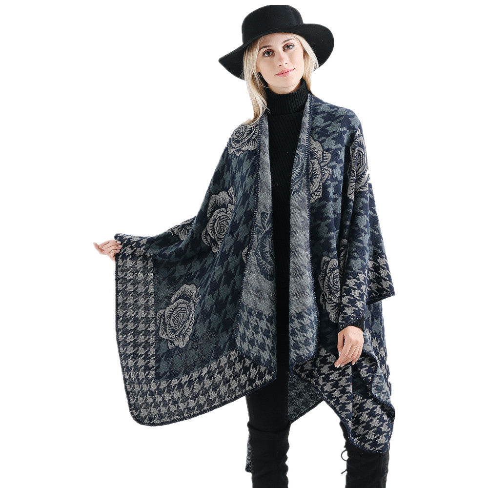 Damen Jacquard-Ruana mit Hahnentritt- und Rosenmotiv Shop Nory