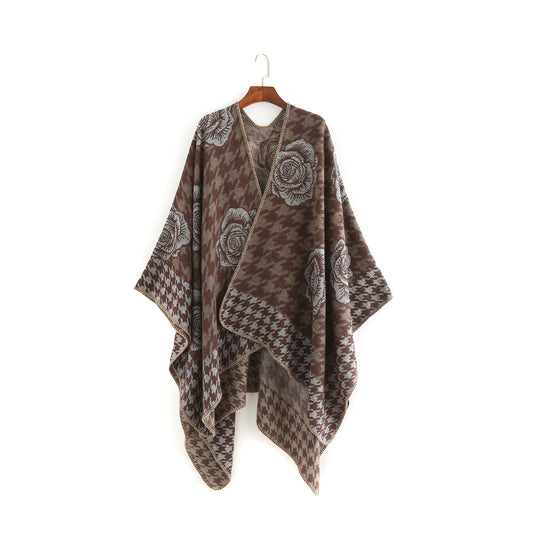 Damen Jacquard-Ruana mit Hahnentritt- und Rosenmotiv Shop Nory