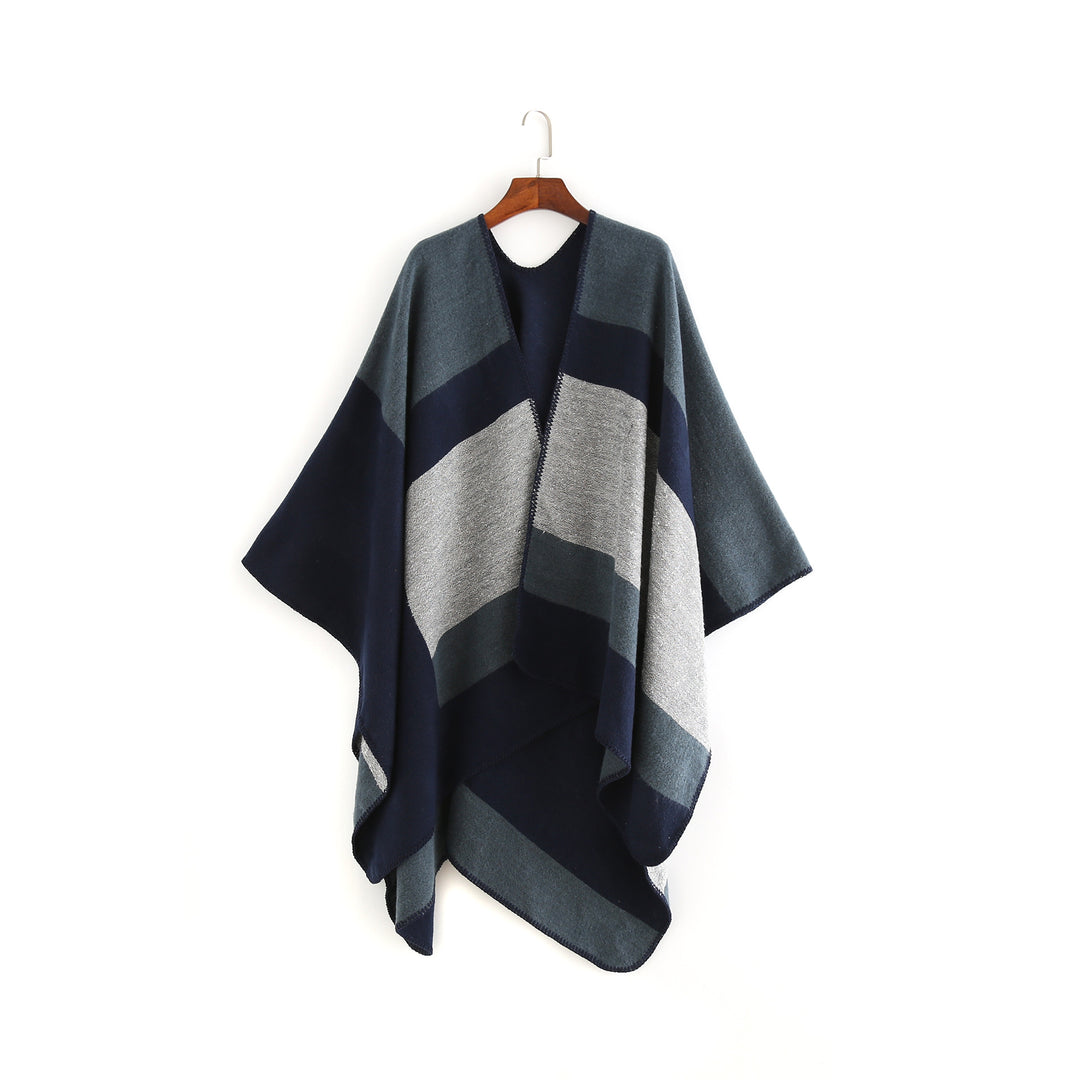 Damen Oversize‑Ruana‑Poncho aus Wollmix mit geometrischem Blockjacquard und V‑Ausschnitt Shop Nory