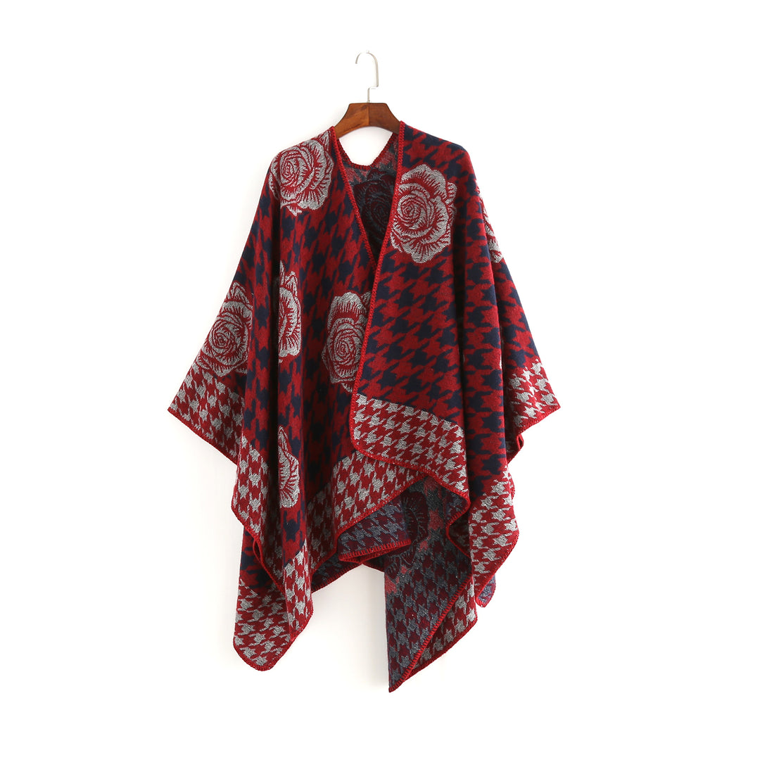 Damen Jacquard-Ruana mit Hahnentritt- und Rosenmotiv Shop Nory