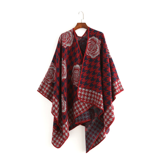 Damen Jacquard-Ruana mit Hahnentritt- und Rosenmotiv Shop Nory