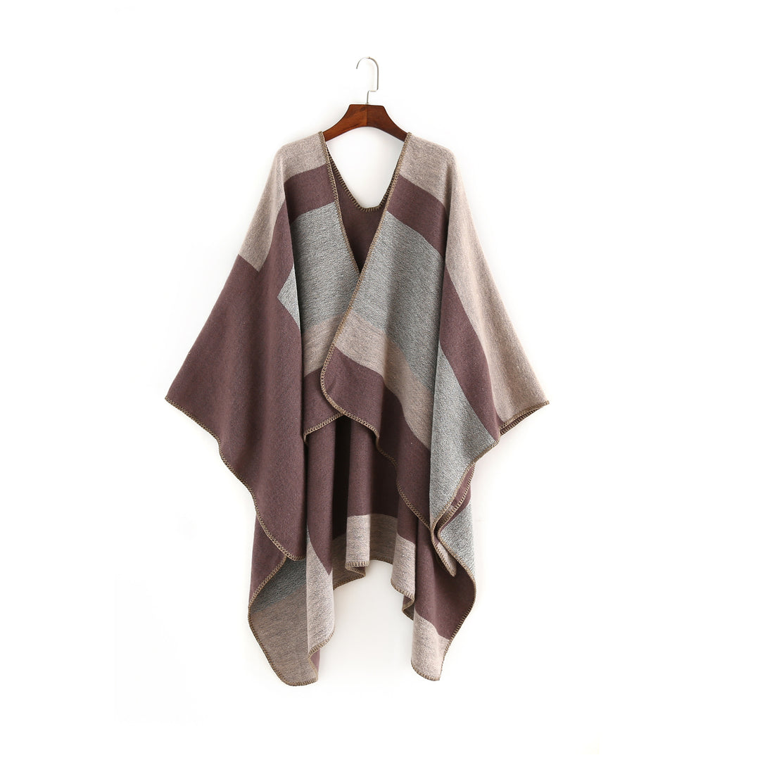 Damen Oversize‑Ruana‑Poncho aus Wollmix mit geometrischem Blockjacquard und V‑Ausschnitt Shop Nory