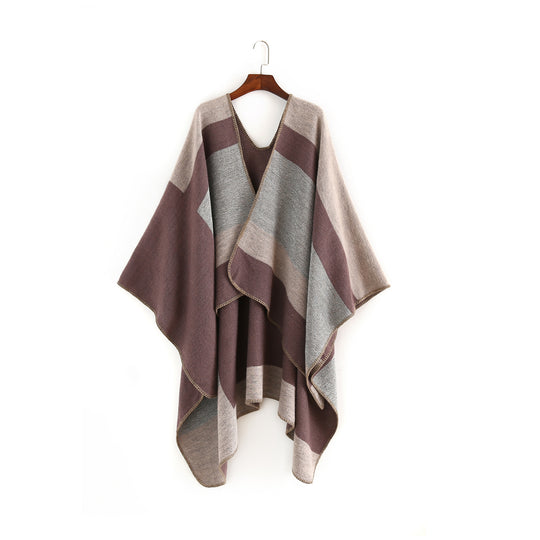 Damen Oversize‑Ruana‑Poncho aus Wollmix mit geometrischem Blockjacquard und V‑Ausschnitt Shop Nory