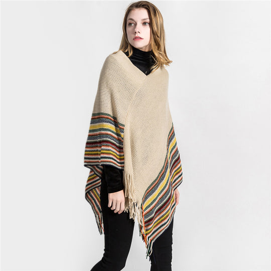 Damen Oversize-Strickruana mit Fransen und gestreifter Bordüre Shop Nory