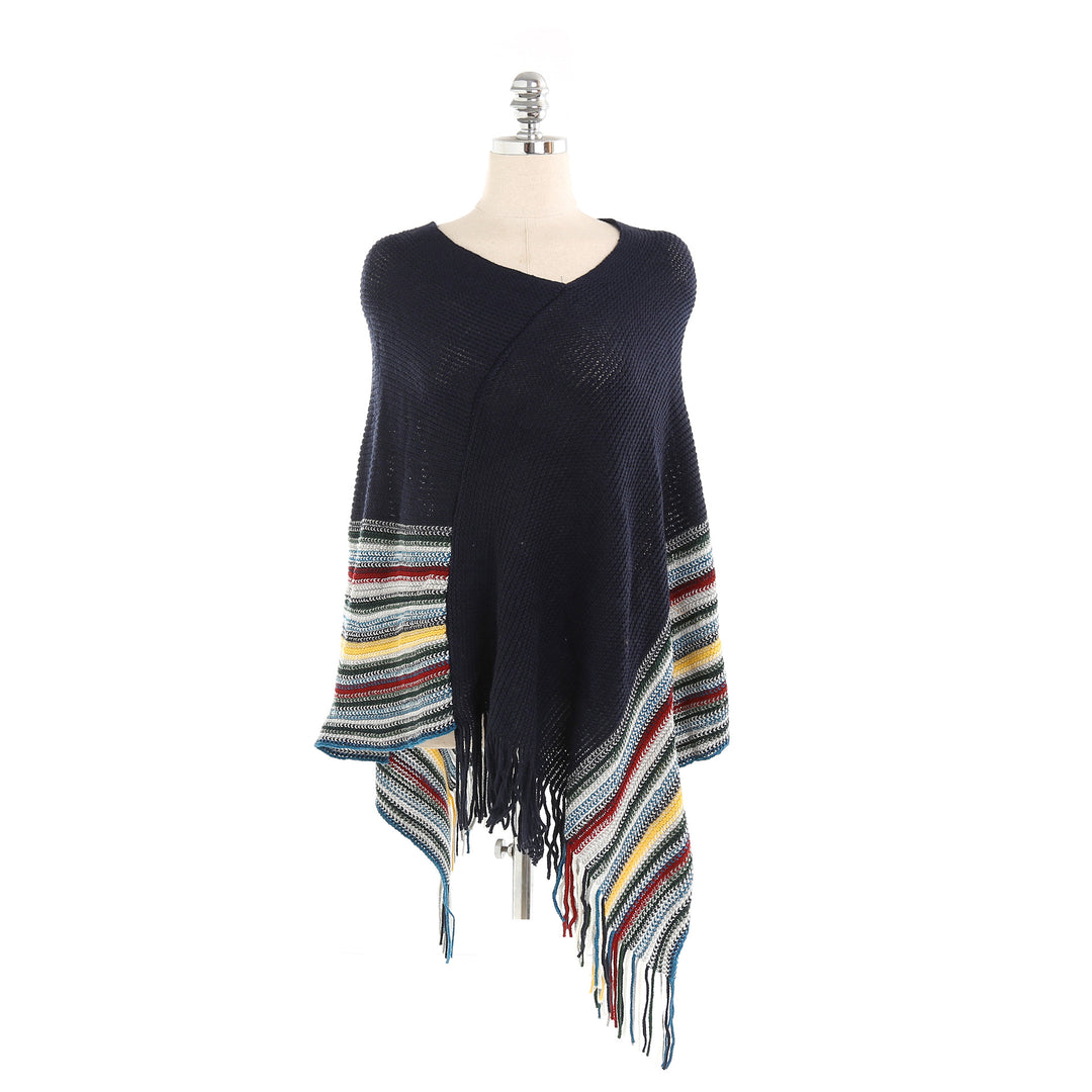 Damen Oversize-Strickruana mit Fransen und gestreifter Bordüre Shop Nory