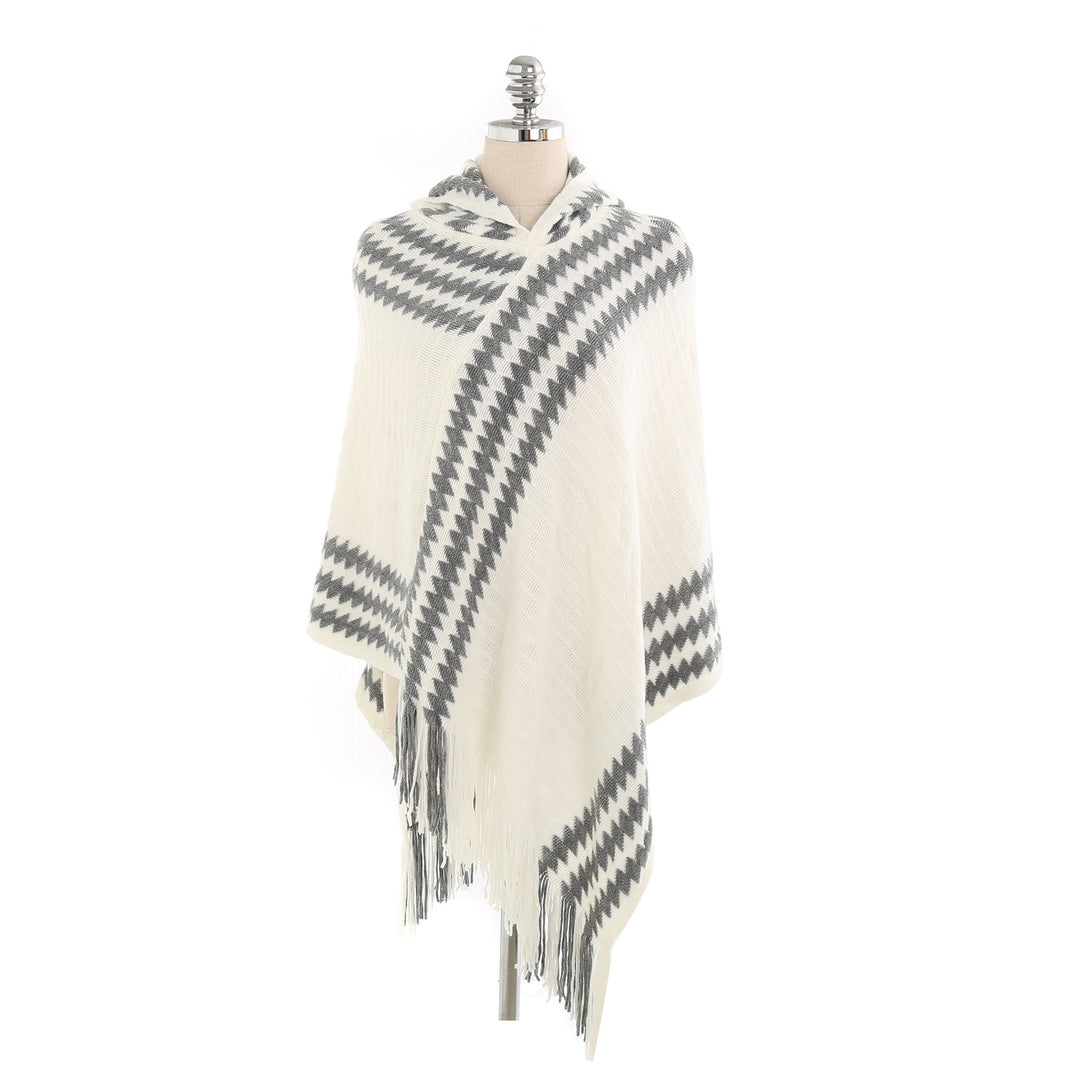 Damen Kapuzen-Poncho aus Feinstrick mit Hahnentritt-Jacquard und Fransensaum Shop Nory