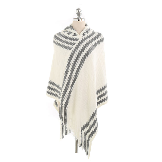 Damen Kapuzen-Poncho aus Feinstrick mit Hahnentritt-Jacquard und Fransensaum Shop Nory