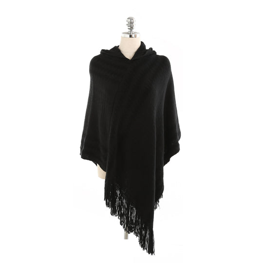 Damen Kapuzen-Poncho aus Feinstrick mit Hahnentritt-Jacquard und Fransensaum Shop Nory