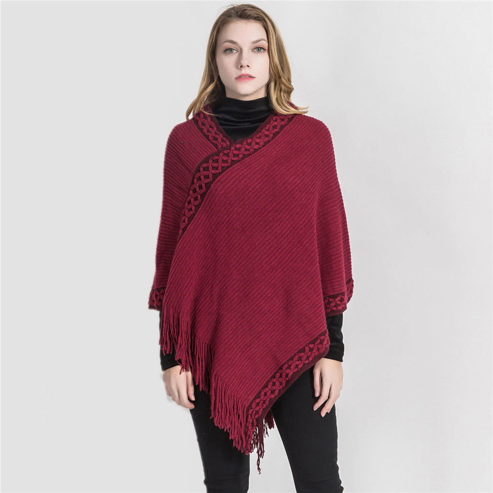 Damen V-Ausschnitt Ruana-Poncho mit geflochtener Bordüre und Fransen Shop Nory