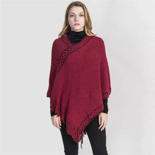 Damen V-Ausschnitt Ruana-Poncho mit geflochtener Bordüre und Fransen Shop Nory