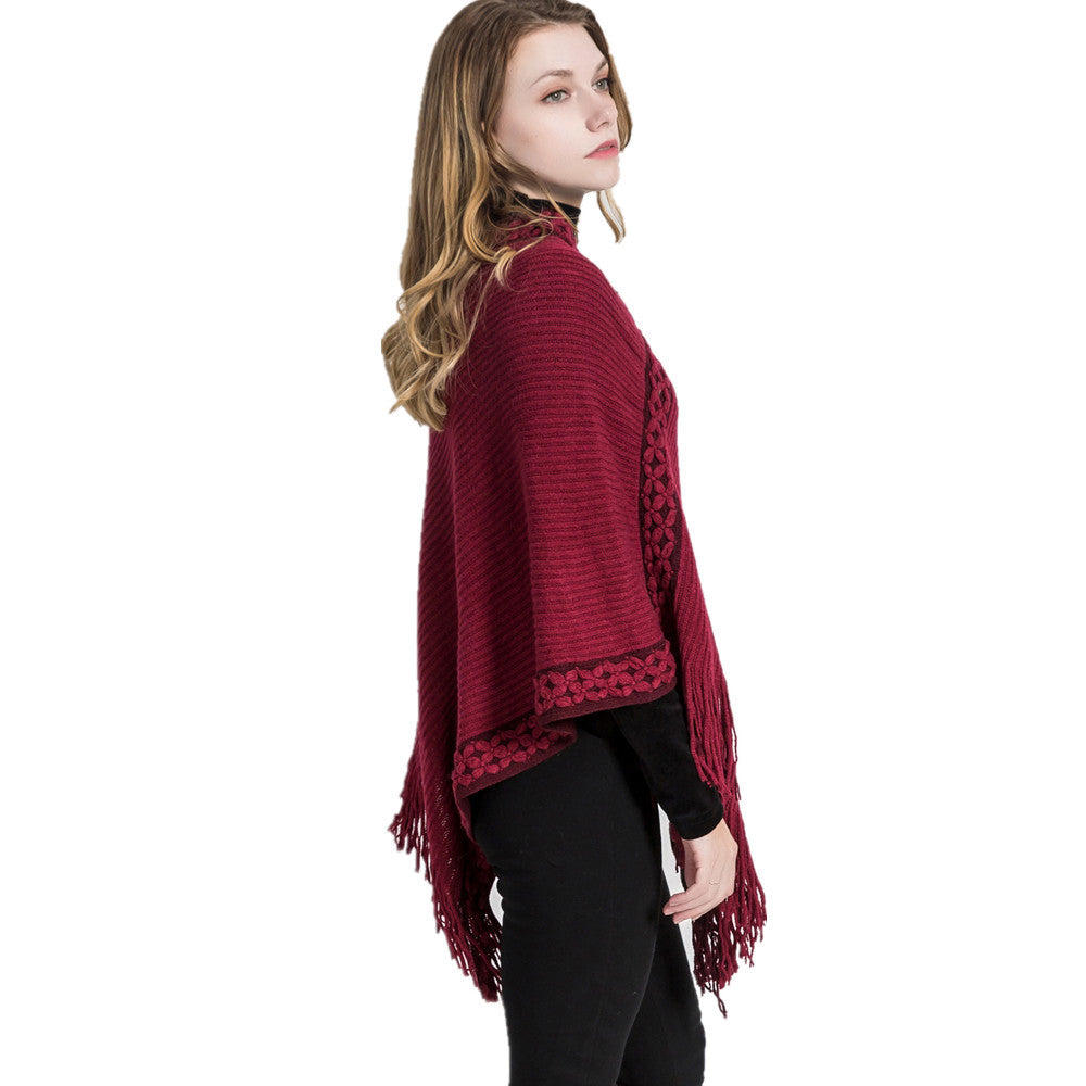 Damen V-Ausschnitt Ruana-Poncho mit geflochtener Bordüre und Fransen Shop Nory