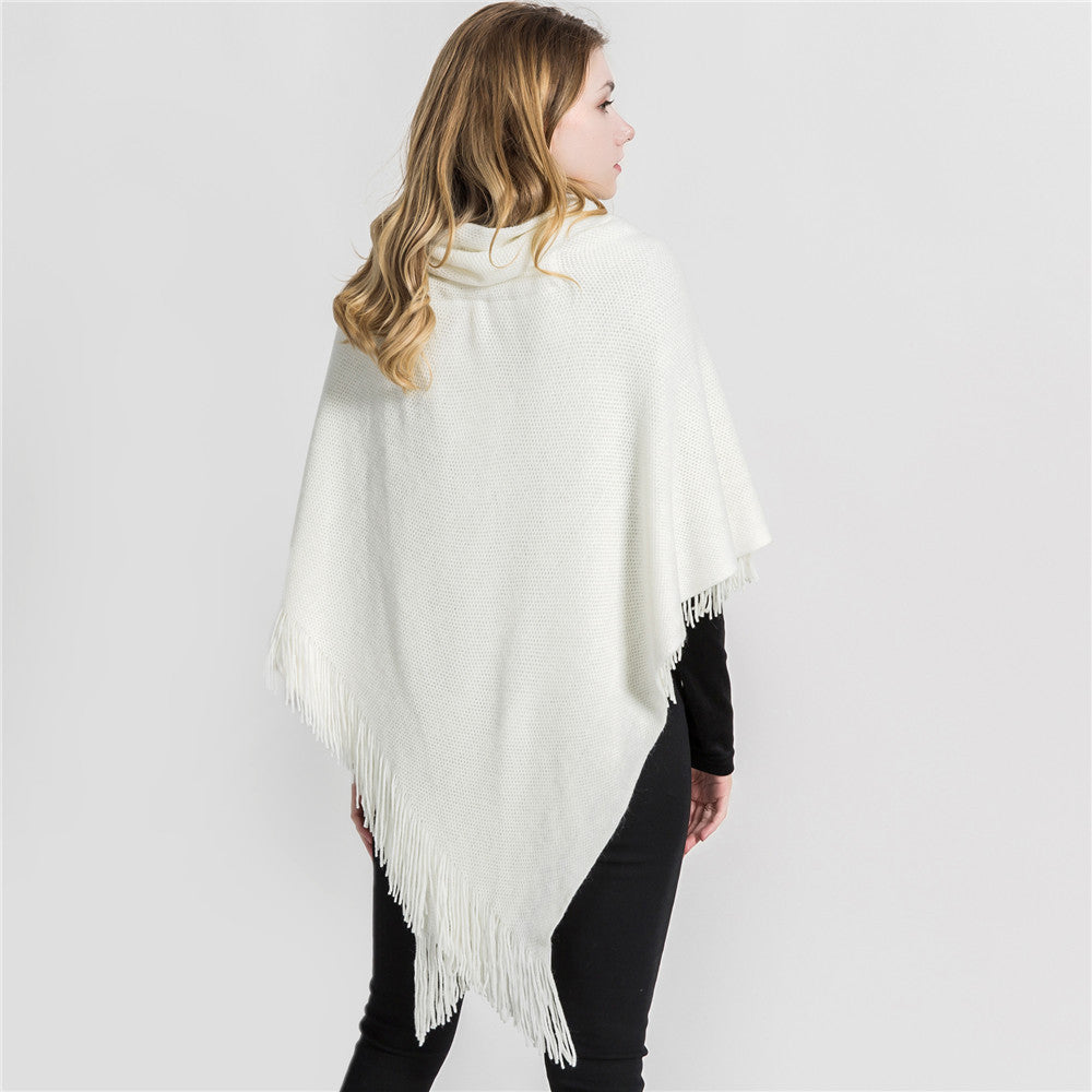 Damen Strick-Ruana-Poncho mit Schalkragen, Knebelverschlüssen und Fransensaum Shop Nory