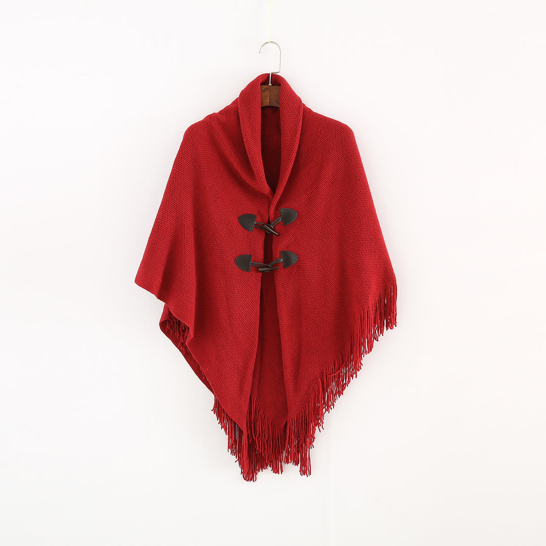 Damen Strick-Ruana-Poncho mit Schalkragen, Knebelverschlüssen und Fransensaum Shop Nory