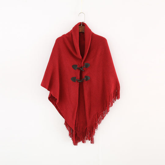 Damen Strick-Ruana-Poncho mit Schalkragen, Knebelverschlüssen und Fransensaum Shop Nory