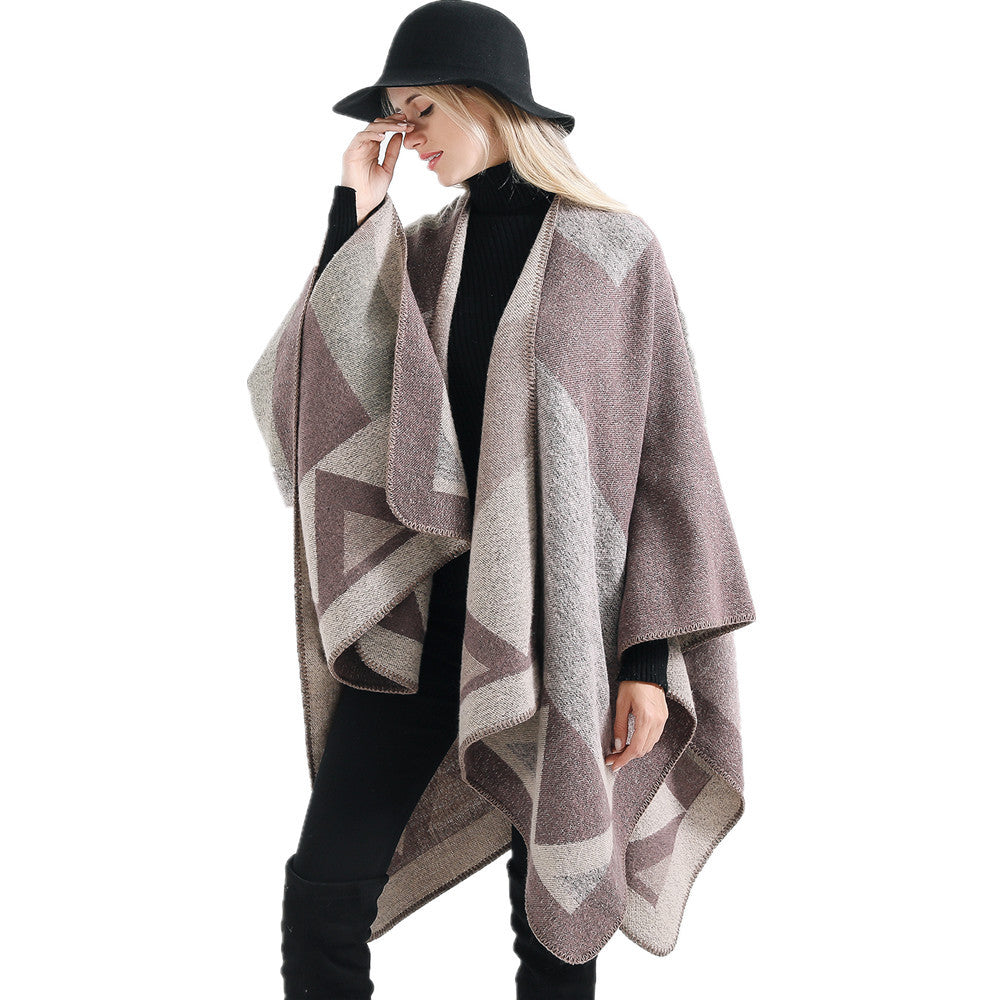 Damen Oversize-Ruana aus Wollmix mit geometrischem Intarsia und offenem Kimono-Fall Shop Nory