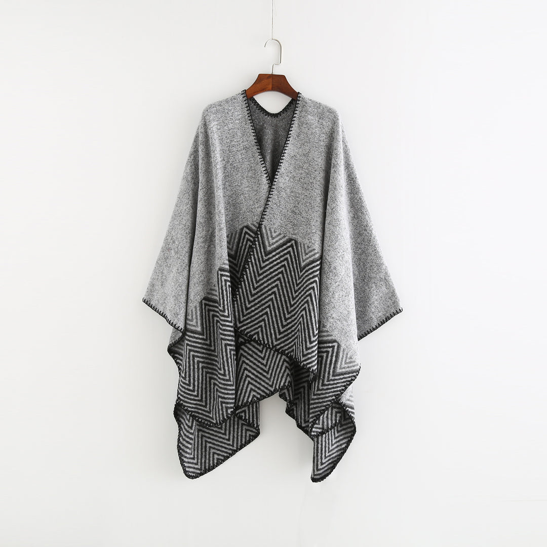 Damen Offener Ruana-Poncho im Oversize mit Chevron-Jacquard und Ziernaht Shop Nory