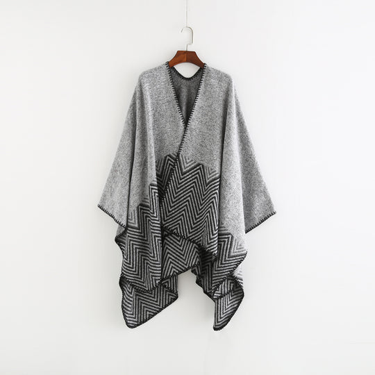 Damen Offener Ruana-Poncho im Oversize mit Chevron-Jacquard und Ziernaht Shop Nory