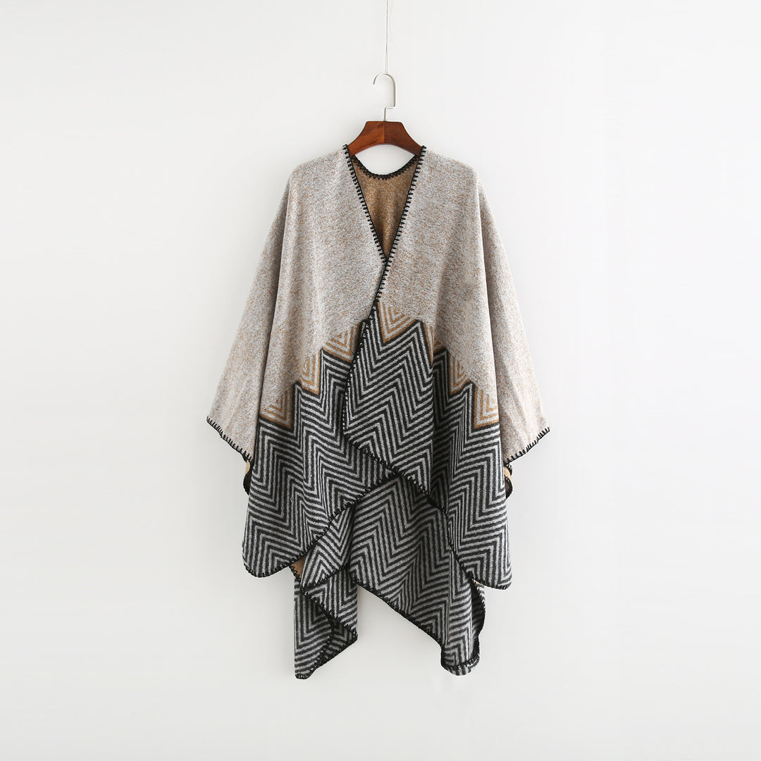 Damen Offener Ruana-Poncho im Oversize mit Chevron-Jacquard und Ziernaht Shop Nory