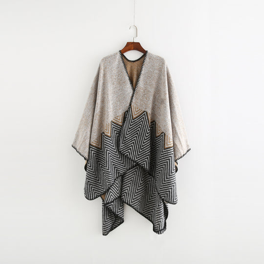 Damen Offener Ruana-Poncho im Oversize mit Chevron-Jacquard und Ziernaht Shop Nory
