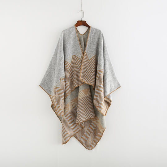 Damen Offener Ruana-Poncho im Oversize mit Chevron-Jacquard und Ziernaht Shop Nory