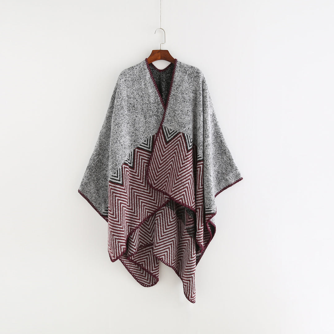 Damen Offener Ruana-Poncho im Oversize mit Chevron-Jacquard und Ziernaht Shop Nory