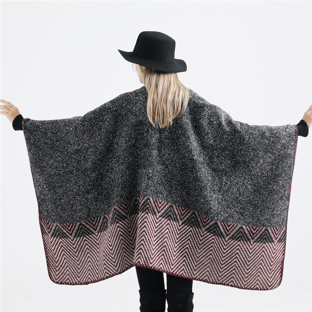 Damen Offener Ruana-Poncho im Oversize mit Chevron-Jacquard und Ziernaht Shop Nory