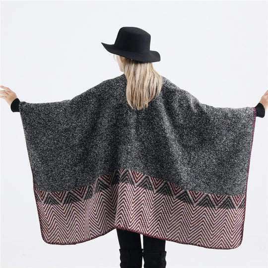 Damen Offener Ruana-Poncho im Oversize mit Chevron-Jacquard und Ziernaht Shop Nory