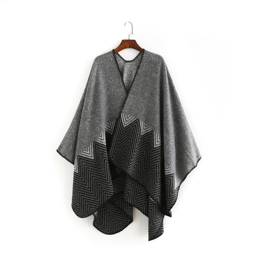 Damen Offener Ruana-Poncho im Oversize mit Chevron-Jacquard und Ziernaht Shop Nory