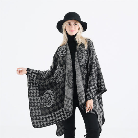 Damen Jacquard-Ruana mit Hahnentritt- und Rosenmotiv Shop Nory
