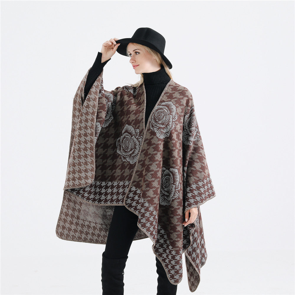 Damen Jacquard-Ruana mit Hahnentritt- und Rosenmotiv Shop Nory