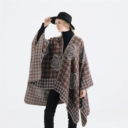 Damen Jacquard-Ruana mit Hahnentritt- und Rosenmotiv Shop Nory