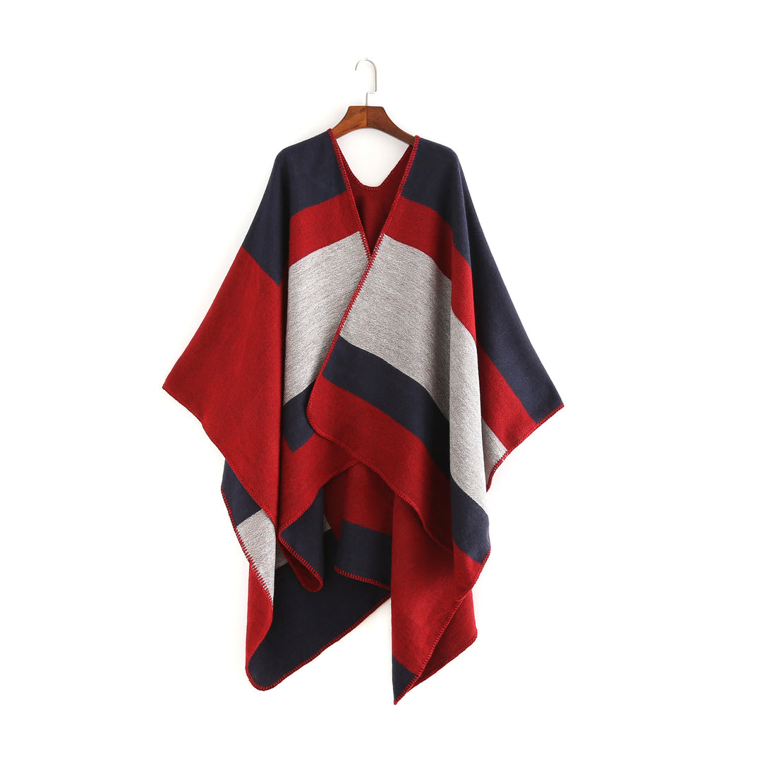 Damen Oversize‑Ruana‑Poncho aus Wollmix mit geometrischem Blockjacquard und V‑Ausschnitt Shop Nory