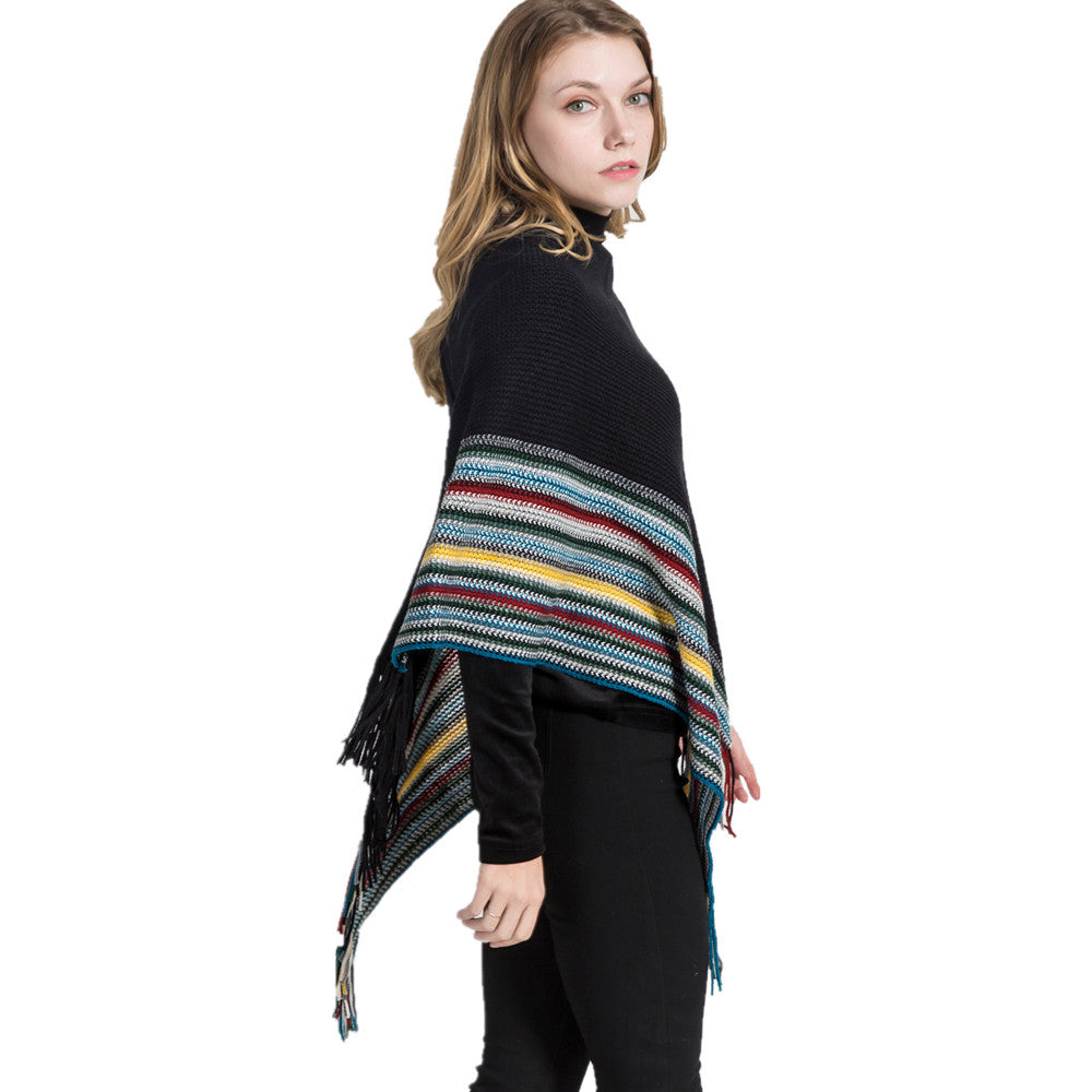 Damen Oversize-Strickruana mit Fransen und gestreifter Bordüre Shop Nory
