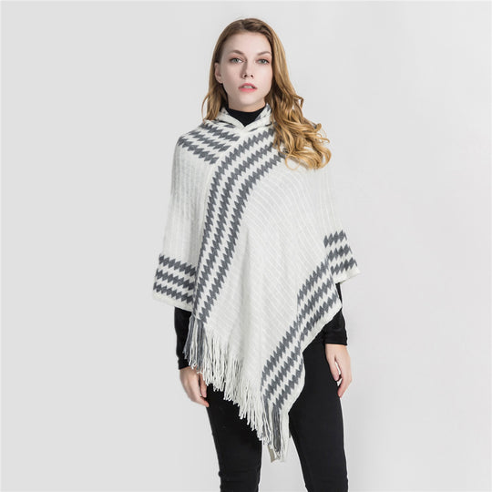 Damen Kapuzen-Poncho aus Feinstrick mit Hahnentritt-Jacquard und Fransensaum Shop Nory