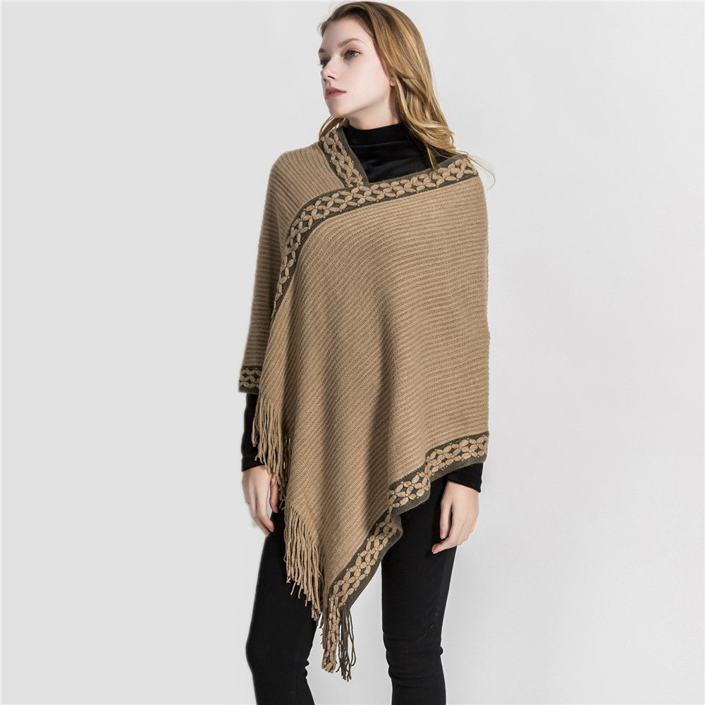Damen V-Ausschnitt Ruana-Poncho mit geflochtener Bordüre und Fransen Shop Nory
