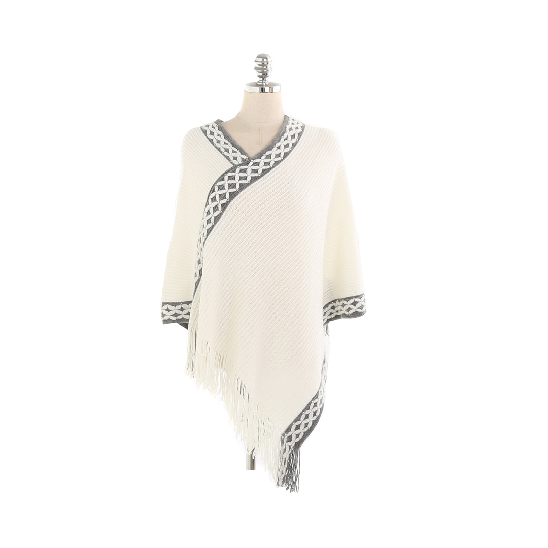 Damen V-Ausschnitt Ruana-Poncho mit geflochtener Bordüre und Fransen Shop Nory