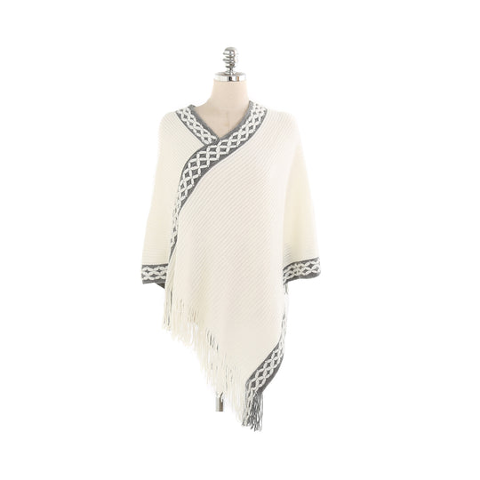 Damen V-Ausschnitt Ruana-Poncho mit geflochtener Bordüre und Fransen Shop Nory