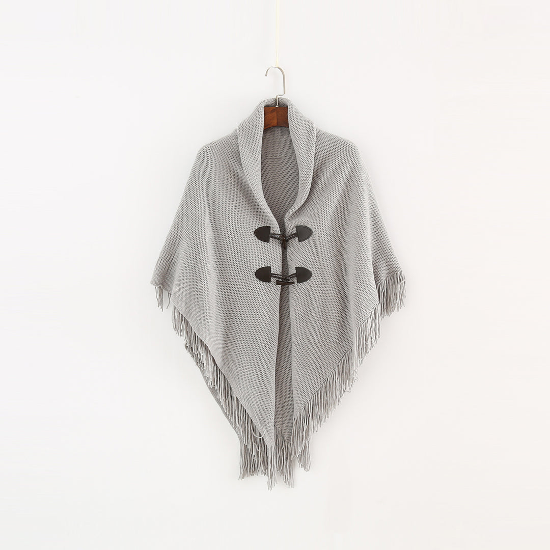 Damen Strick-Ruana-Poncho mit Schalkragen, Knebelverschlüssen und Fransensaum Shop Nory