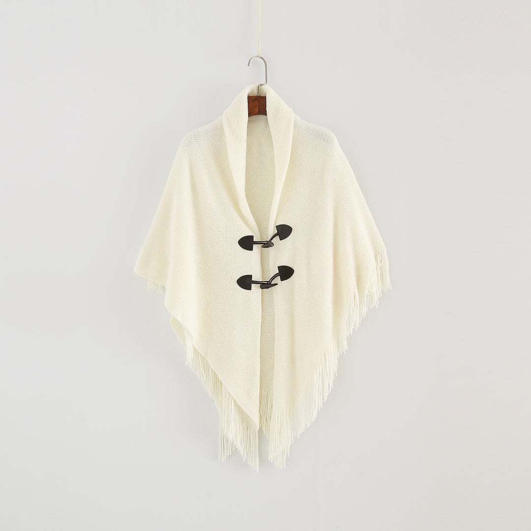 Damen Strick-Ruana-Poncho mit Schalkragen, Knebelverschlüssen und Fransensaum Shop Nory