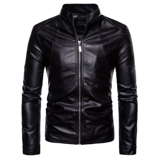 Herren Slim-Fit Lederoptik-Jacke mit Stehkragen, Ziernähten und durchgehendem Reißverschluss Shop Nory