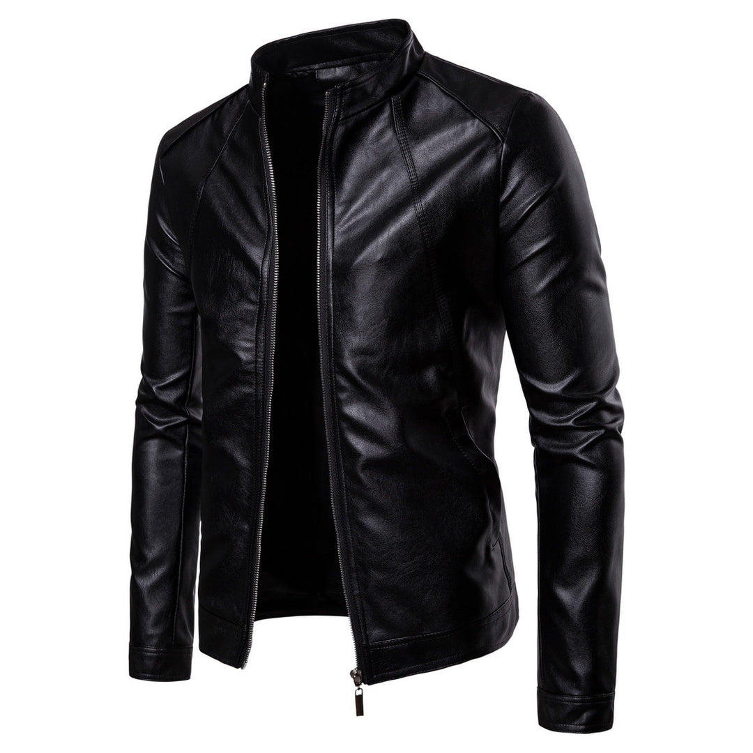 Herren Slim-Fit Lederoptik-Jacke mit Stehkragen, Ziernähten und durchgehendem Reißverschluss Shop Nory