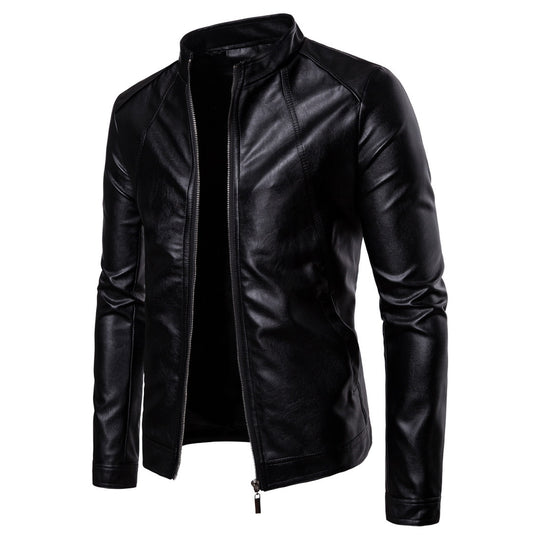 Herren Slim-Fit Lederoptik-Jacke mit Stehkragen, Ziernähten und durchgehendem Reißverschluss Shop Nory