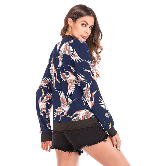 Damen Bedruckte Bomberjacke mit Kranich‑Motiv, Reißverschluss & Rippbündchen Shop Nory
