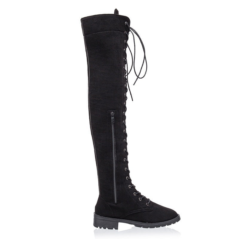 Damen Overkneestiefel aus weichem Wildleder mit dekorativem Schnür-Design