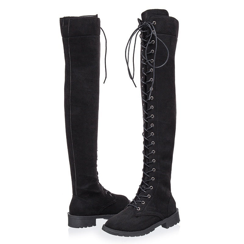 Damen Overkneestiefel aus weichem Wildleder mit dekorativem Schnür-Design
