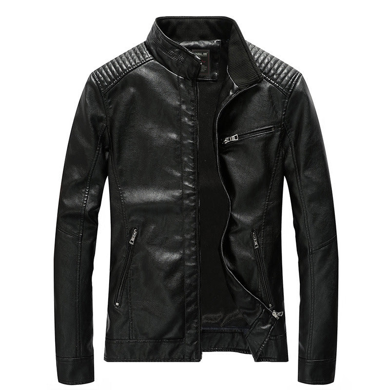Herren Slim-Fit Kunstleder-Motojacke mit Stehkragen, gesteppter Schulterpasse und Reißverschlusstaschen Shop Nory