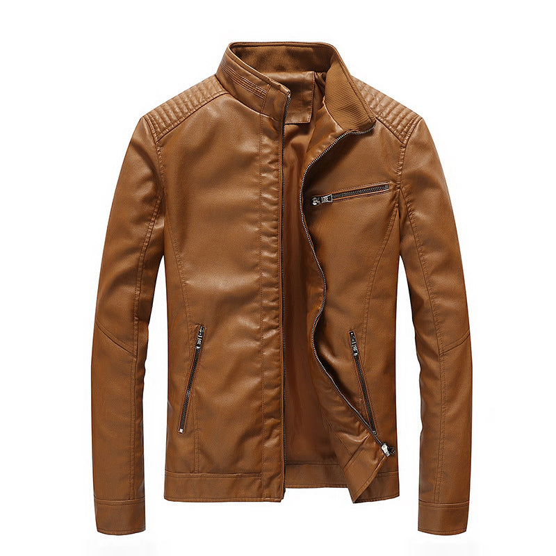 Herren Slim-Fit Kunstleder-Motojacke mit Stehkragen, gesteppter Schulterpasse und Reißverschlusstaschen Shop Nory