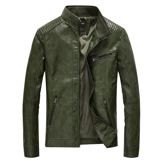 Herren Slim-Fit Kunstleder-Motojacke mit Stehkragen, gesteppter Schulterpasse und Reißverschlusstaschen Shop Nory