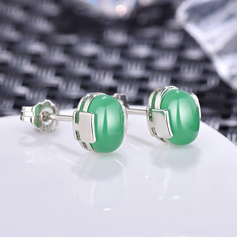 Damen elegante Ohrstecker mit grünem jadeartigem Stein und hochwertigem Silberrahmen Shop Nory